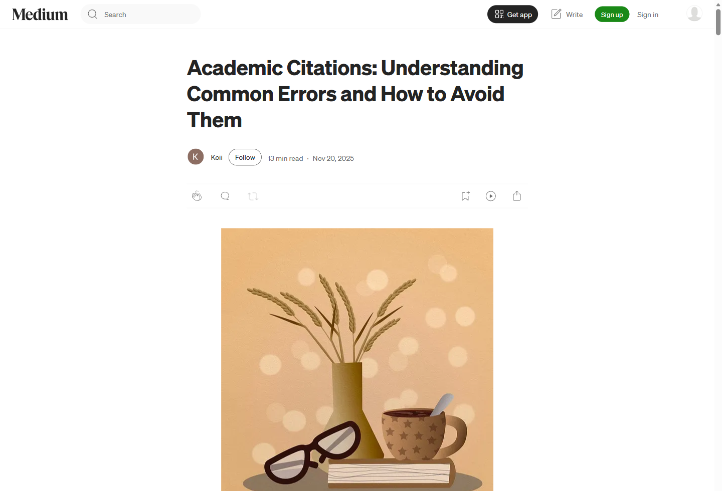 Academic Citations 一文的 Medium 截图,包含标题、作者信息和正文开头。