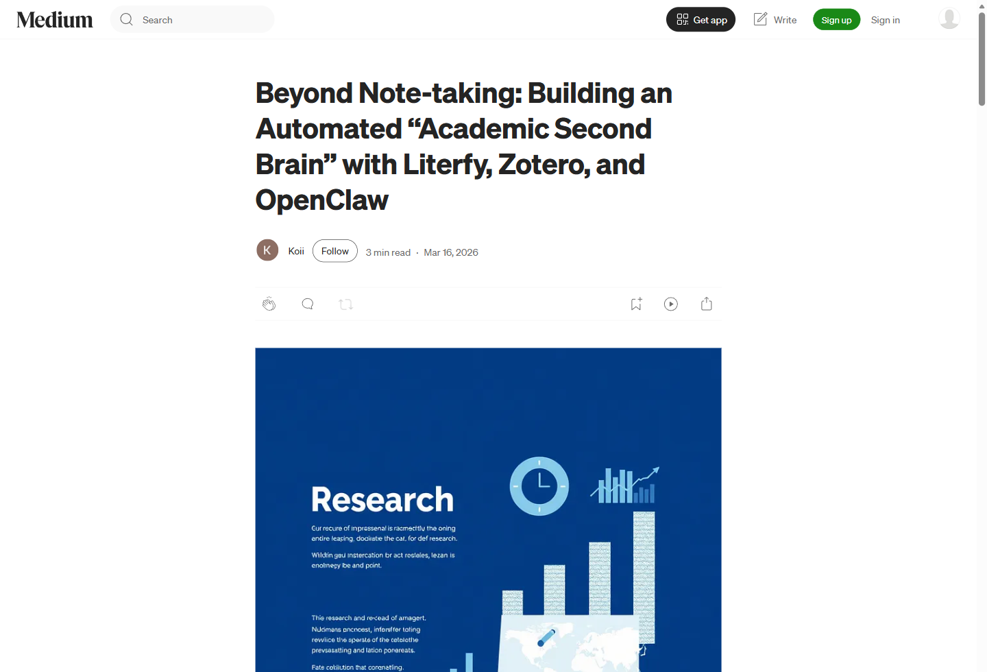 Beyond Note-taking 一文的 Medium 截图,包含标题、作者信息和正文开头。