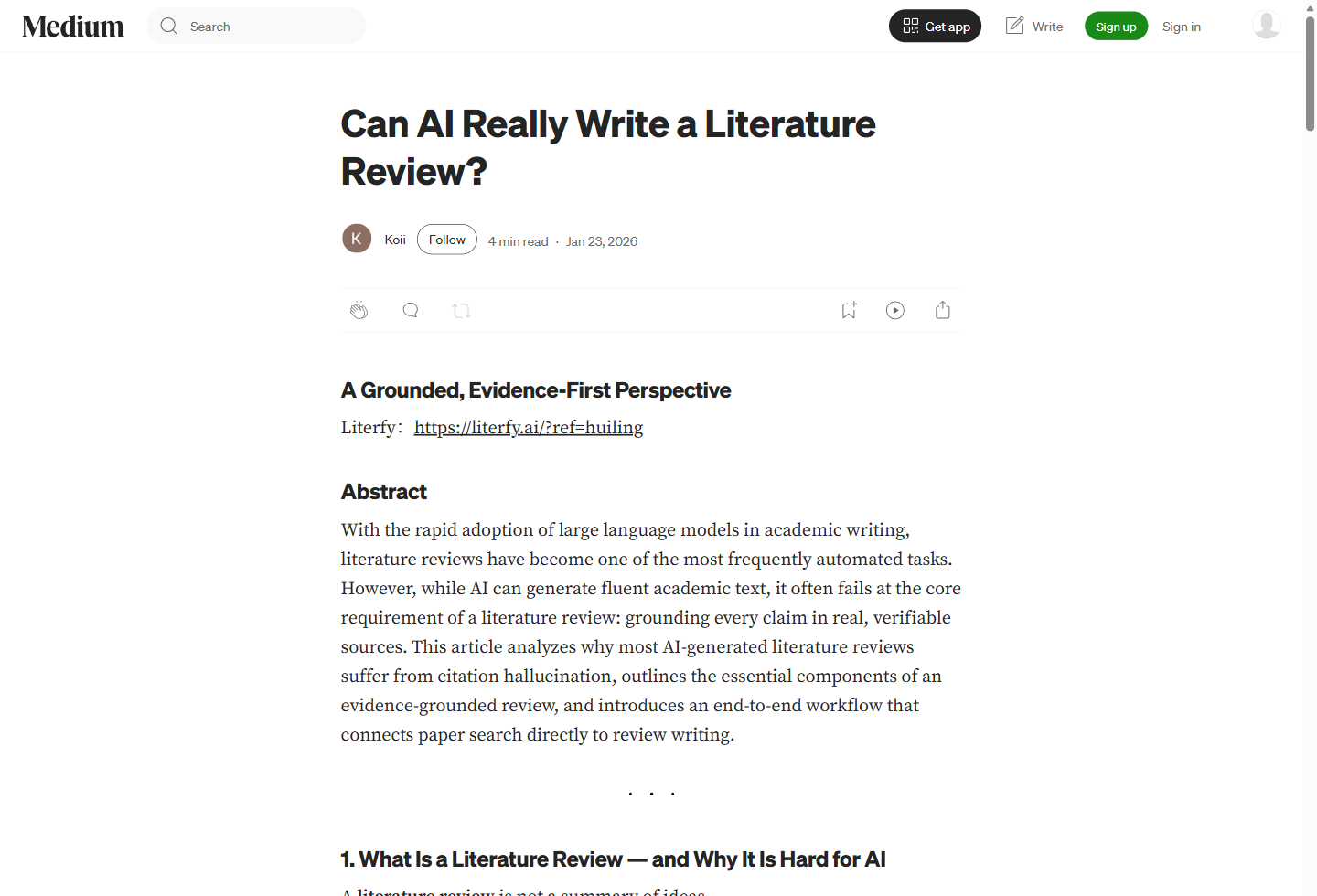 Can AI Really Write a Literature Review? 一文的 Medium 截图,包含标题、作者信息和正文开头。