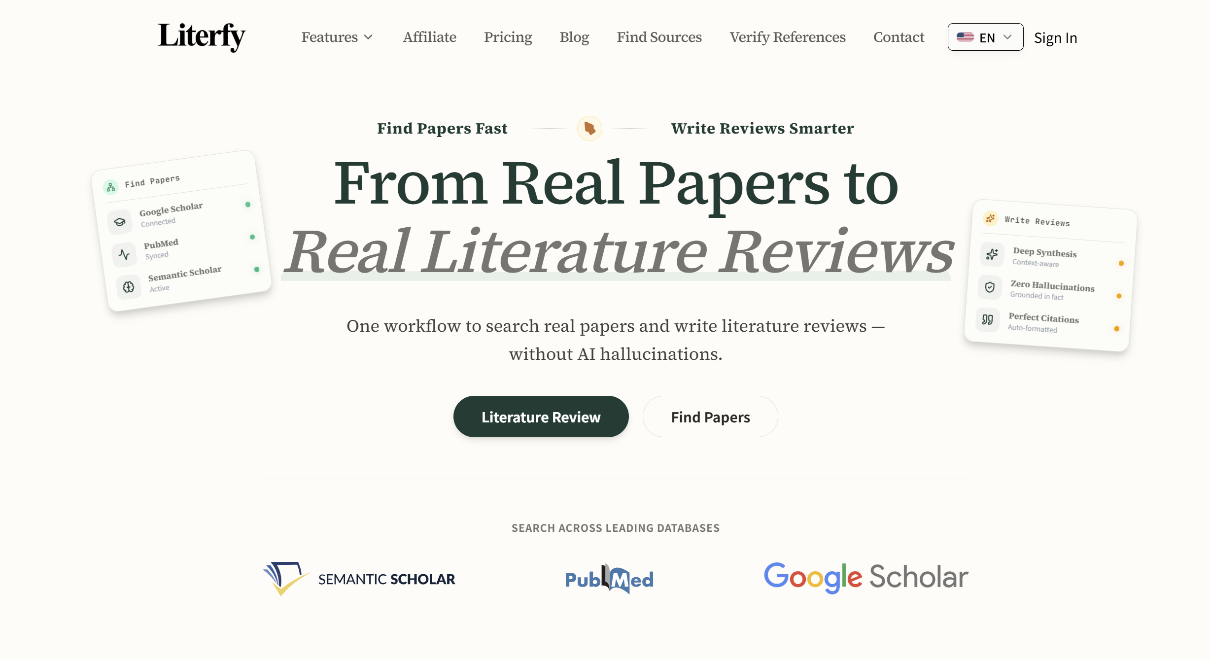 Literfy 首页真实截图，展示 real papers 到 literature reviews 的工作流。