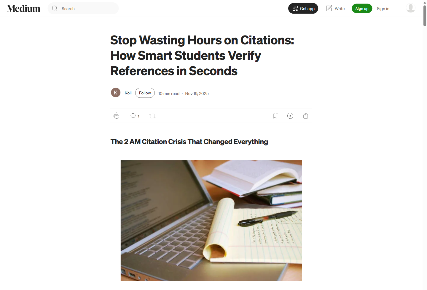 Stop Wasting Hours on Citations 一文的 Medium 截图,包含标题、作者信息和正文开头。